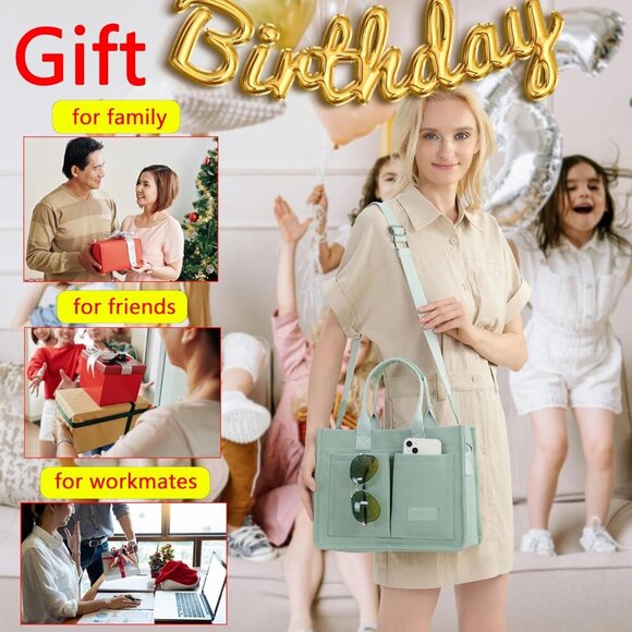 Women's Green Imported Canvas Laptop Crossbody Work Large Tote Handbags - Picture 7 of 8